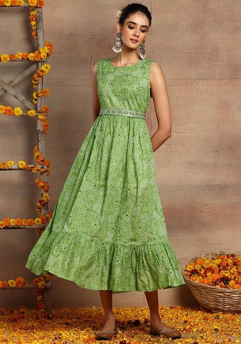 Light Green Bandhani Print Tiered Cotton Dress