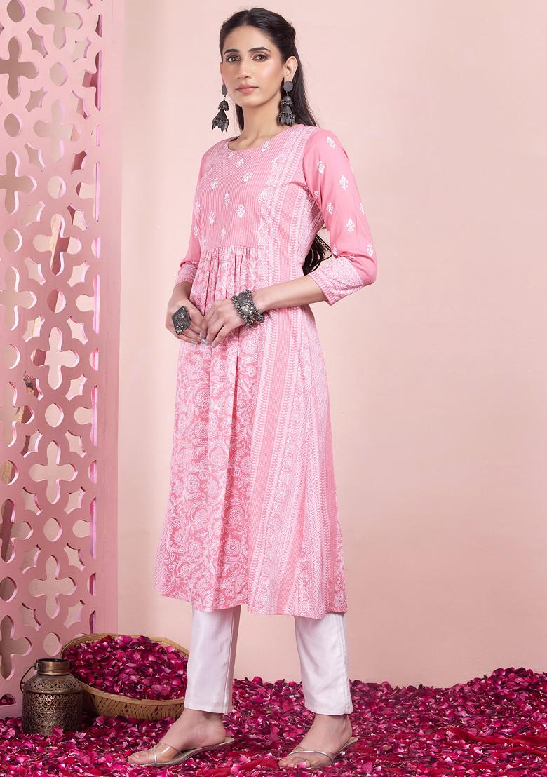 Pastel Pink Floral Print Rayon A-Line Kurta