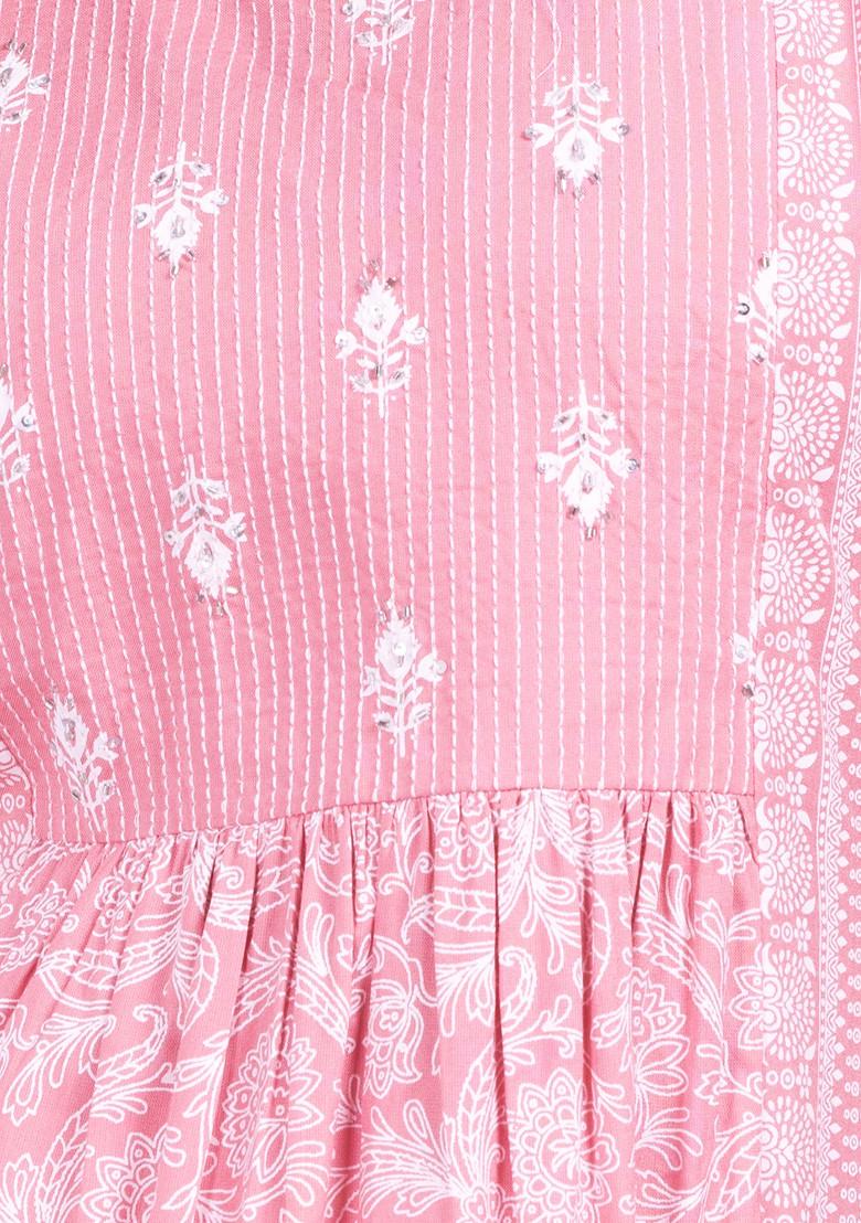 Pastel Pink Floral Print Rayon A-Line Kurta