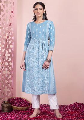 Light Blue Floral Print Rayon A-Line Kurta
