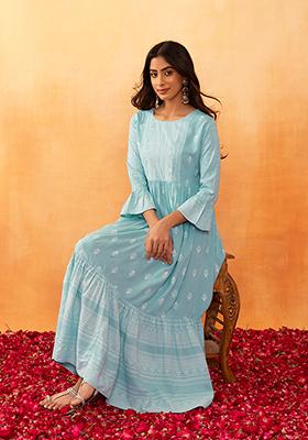Pastel Blue Boota Print Rayon Tiered Dress