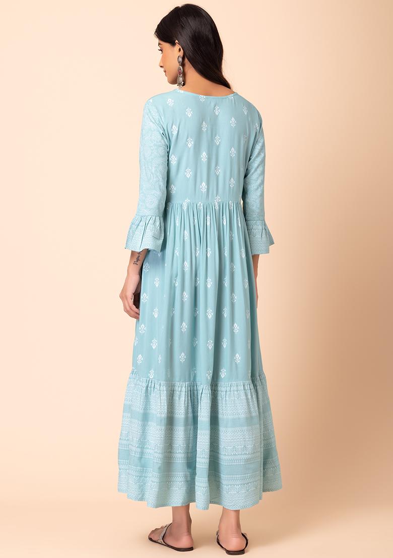 Pastel Blue Boota Print Rayon Tiered Dress