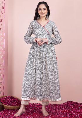 Light Grey Floral Print Cotton Anarkali Kurta