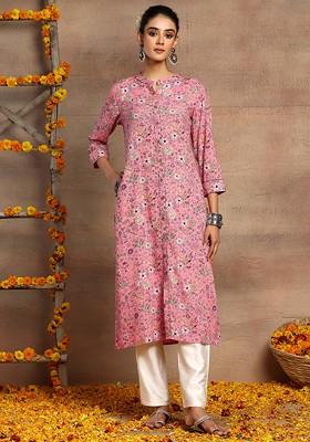 Pink Floral Print Front Slit Rayon Kurta