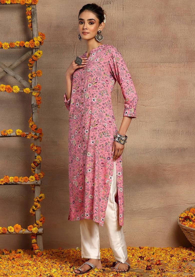Pink Floral Print Front Slit Rayon Kurta
