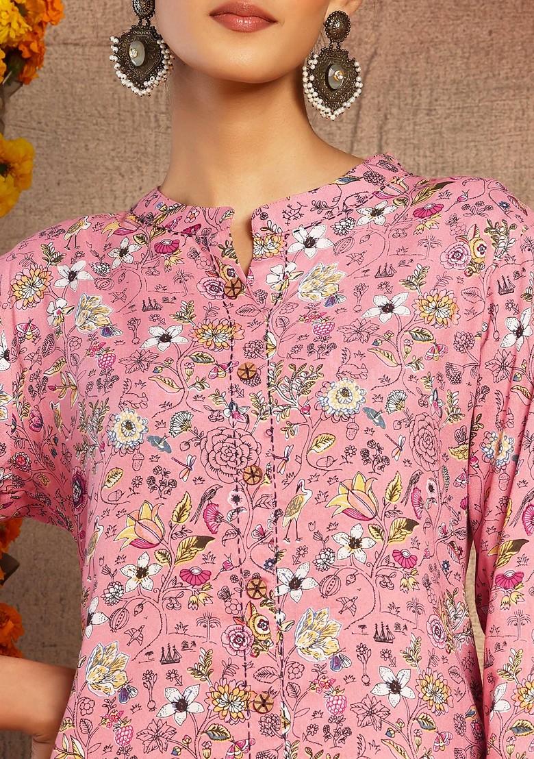 Pink Floral Print Front Slit Rayon Kurta
