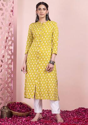 Green Ikat Print Front Slit Rayon Kurta