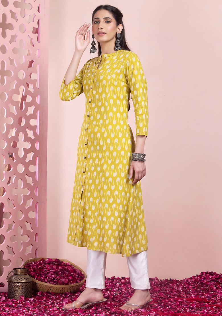 Green Ikat Print Front Slit Rayon Kurta