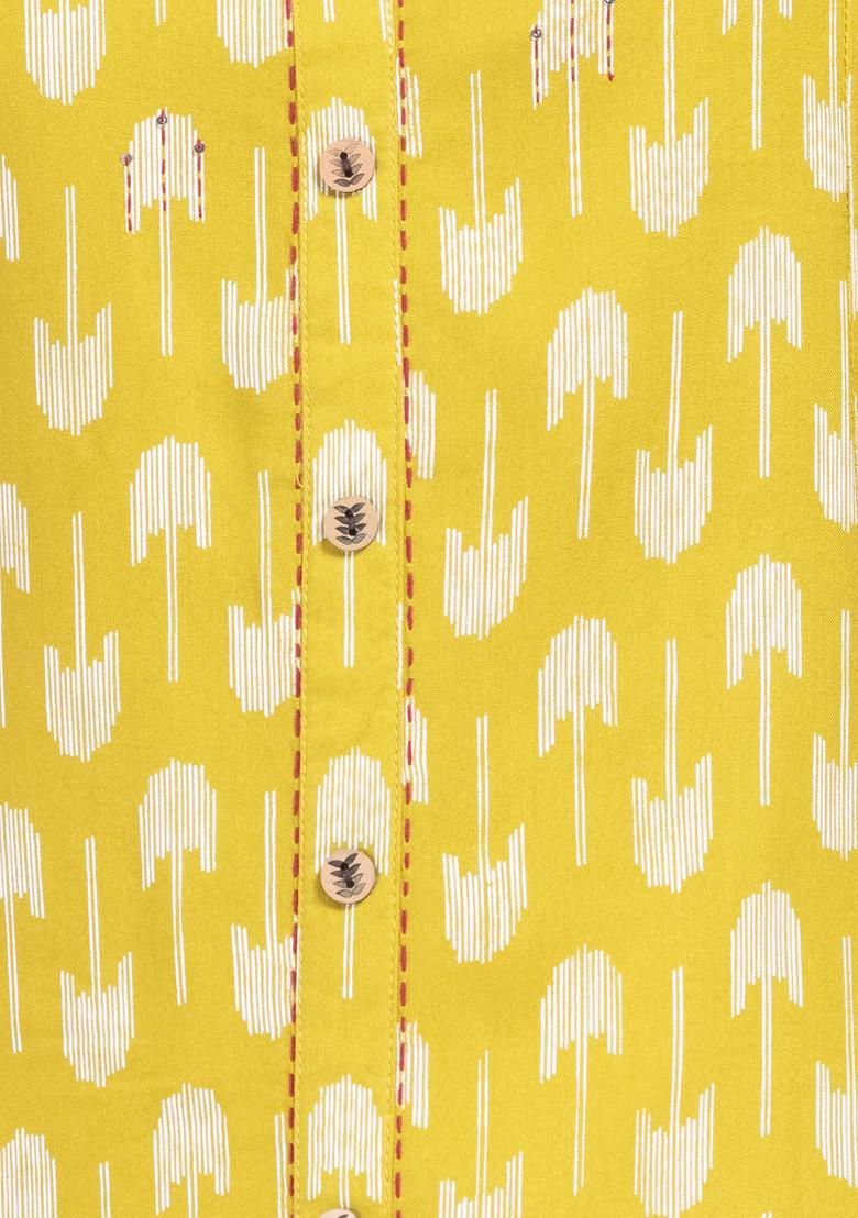 Green Ikat Print Front Slit Rayon Kurta