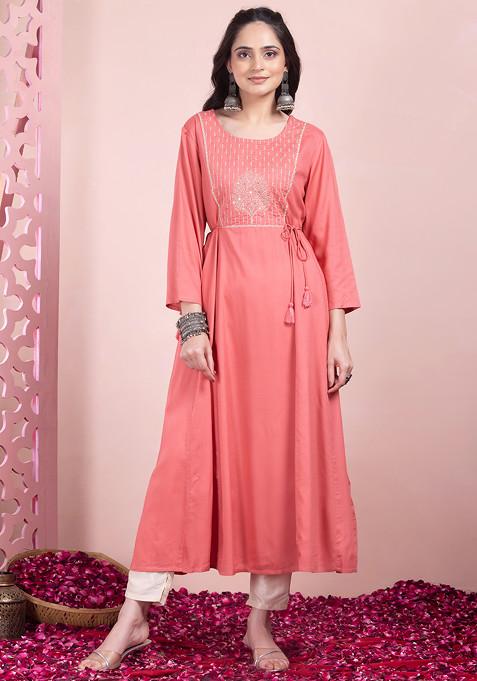 Peach Zari Embroidered Rayon Dress