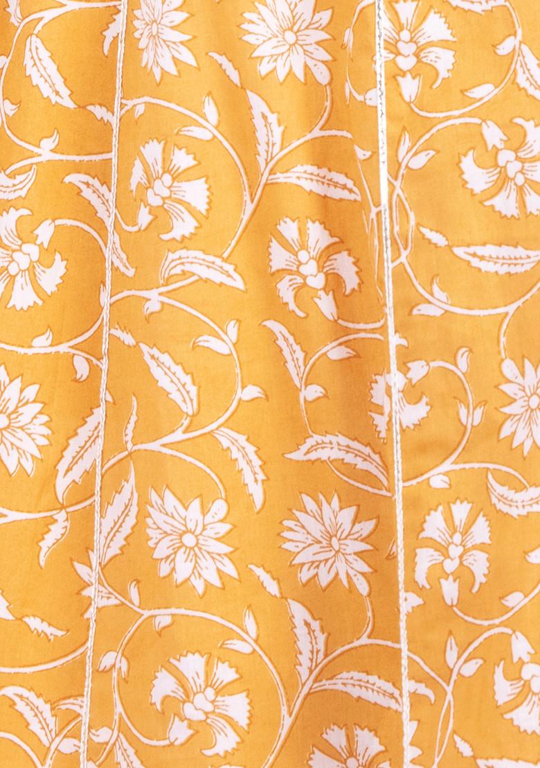 Yellow Floral Print Cotton Angrakha Kurta
