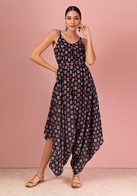 Black Floral Boota Print Strappy Jumpsuit With Belt (Set of 2)