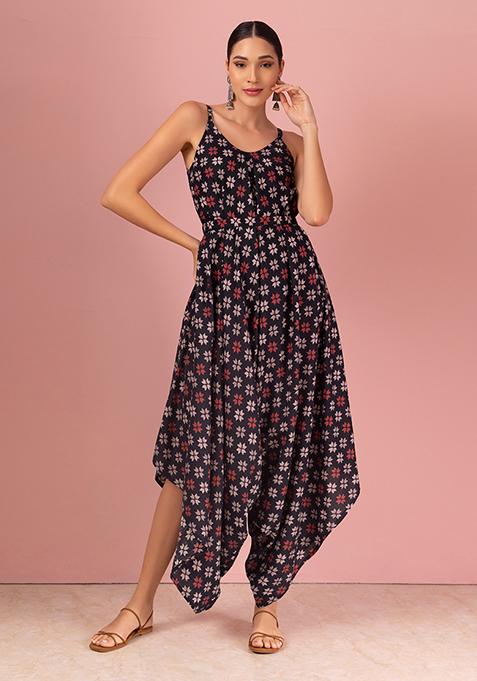 Black Floral Boota Print Strappy Jumpsuit With Belt (Set of 2)