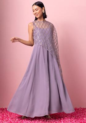 Lilac Flared Jumpsuit With Sequin Embroidered Cape (Set of 2)