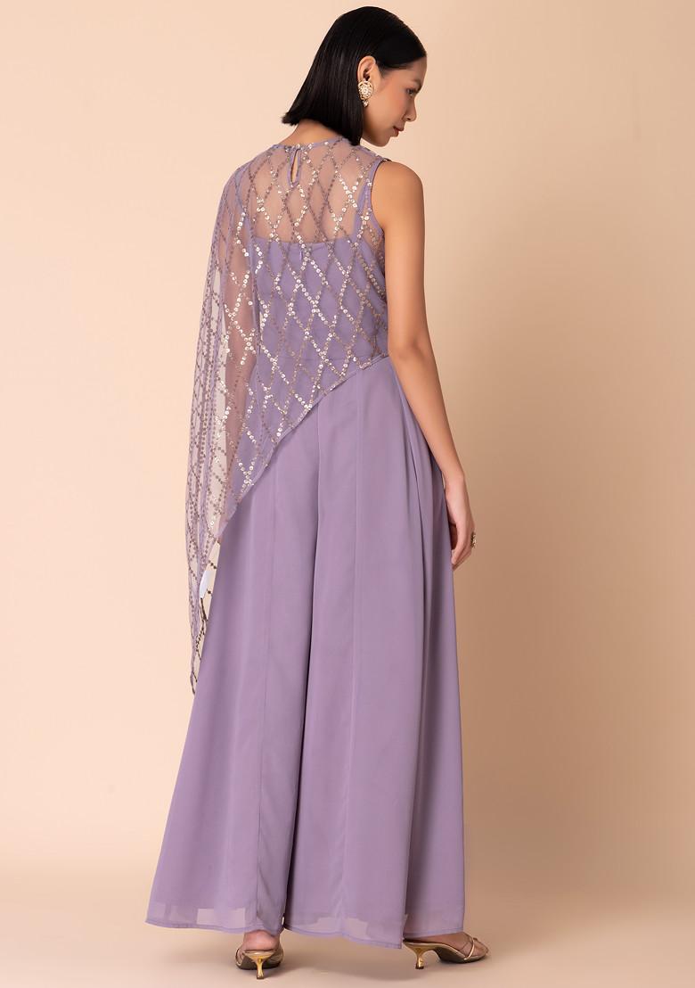 Lilac Flared Jumpsuit With Sequin Embroidered Cape (Set of 2)