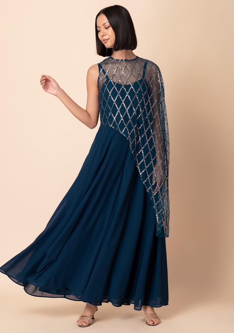 Teal Blue Flared Jumpsuit With Sequin Embroidered Cape (Set of 2)