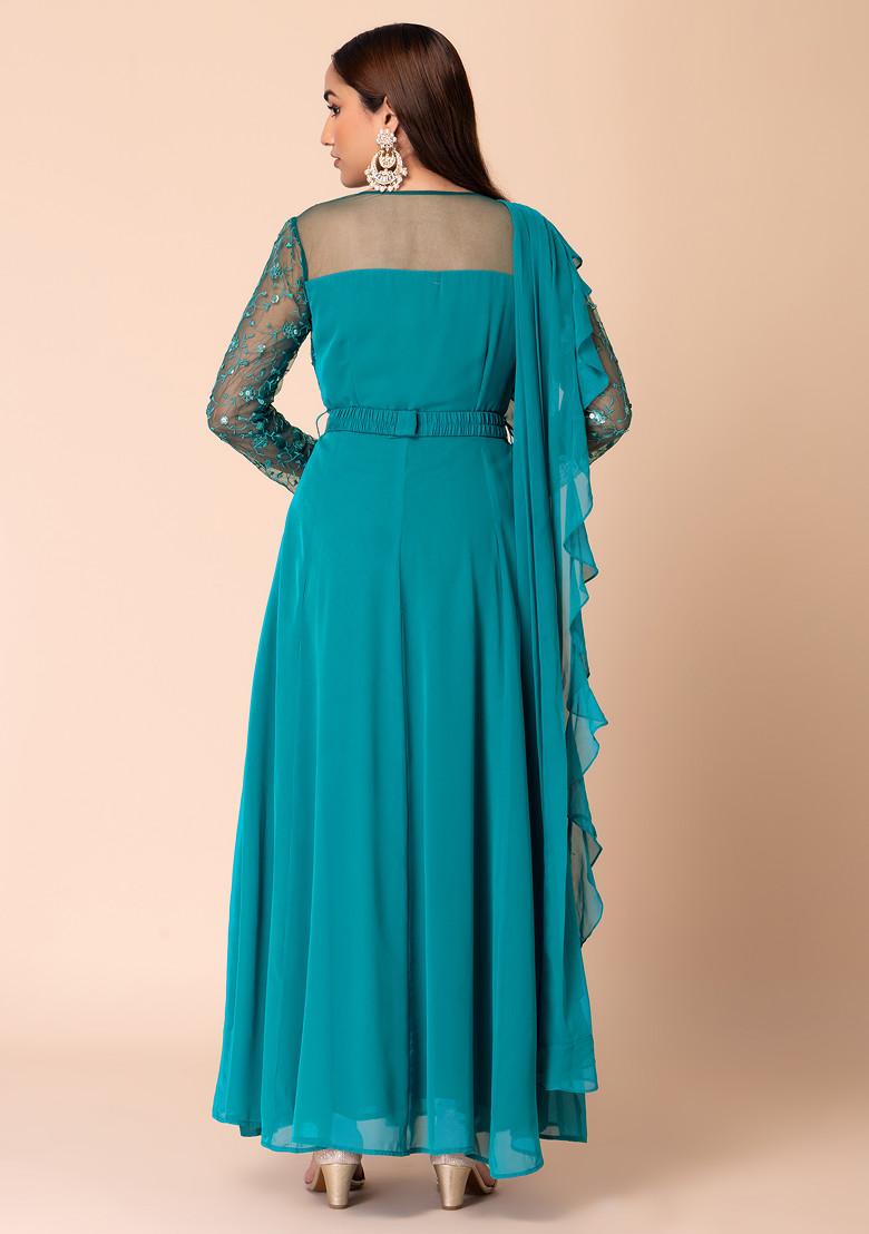 Green Sequin Embroidered Kurta With Attached Dupatta And Belt (Set of 2)