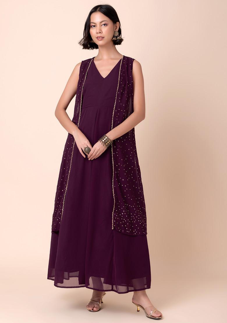 Purple Foil Print Jacket With Kurta (Set of 2)