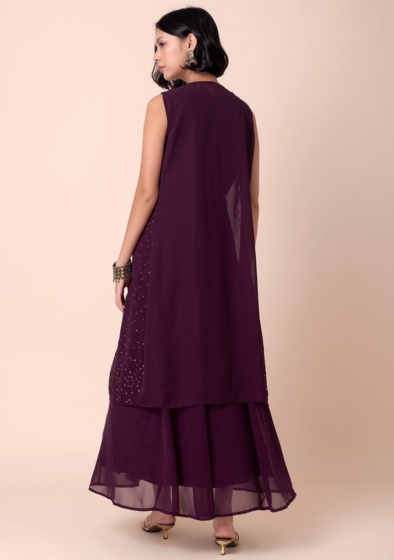 Purple Foil Print Jacket With Kurta (Set of 2)