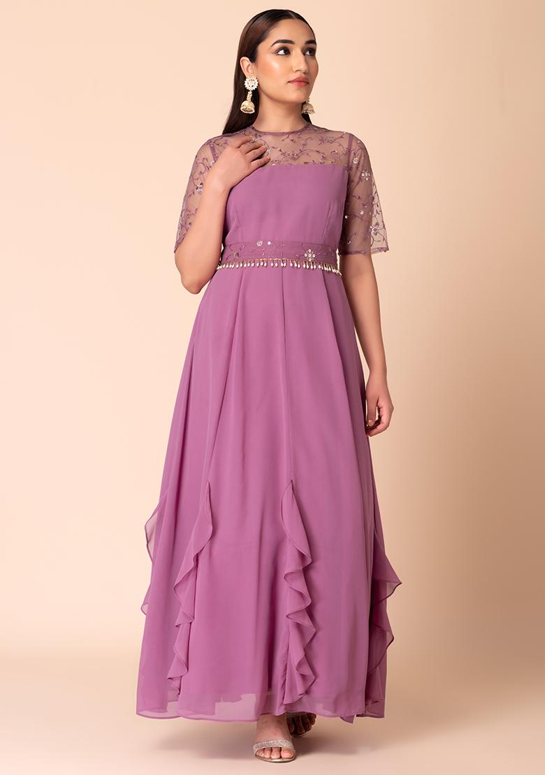 Purple Sequin Embroidered Anarkali Kurta With Belt (Set of 2)