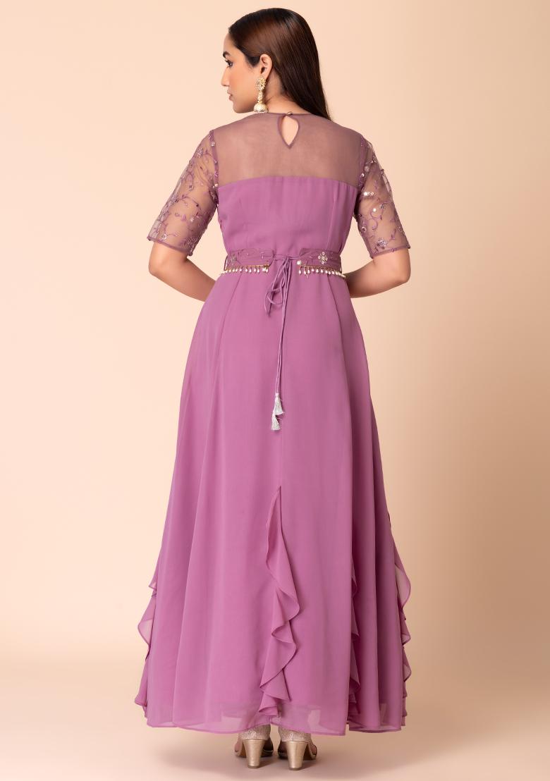 Purple Sequin Embroidered Anarkali Kurta With Belt (Set of 2)