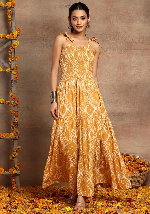 Mustard Yellow Ikat Print Cotton Tiered Dress
