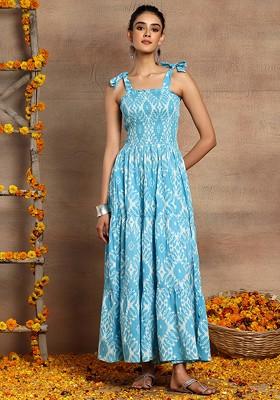 Purple Ikat Print Cotton Tiered Dress