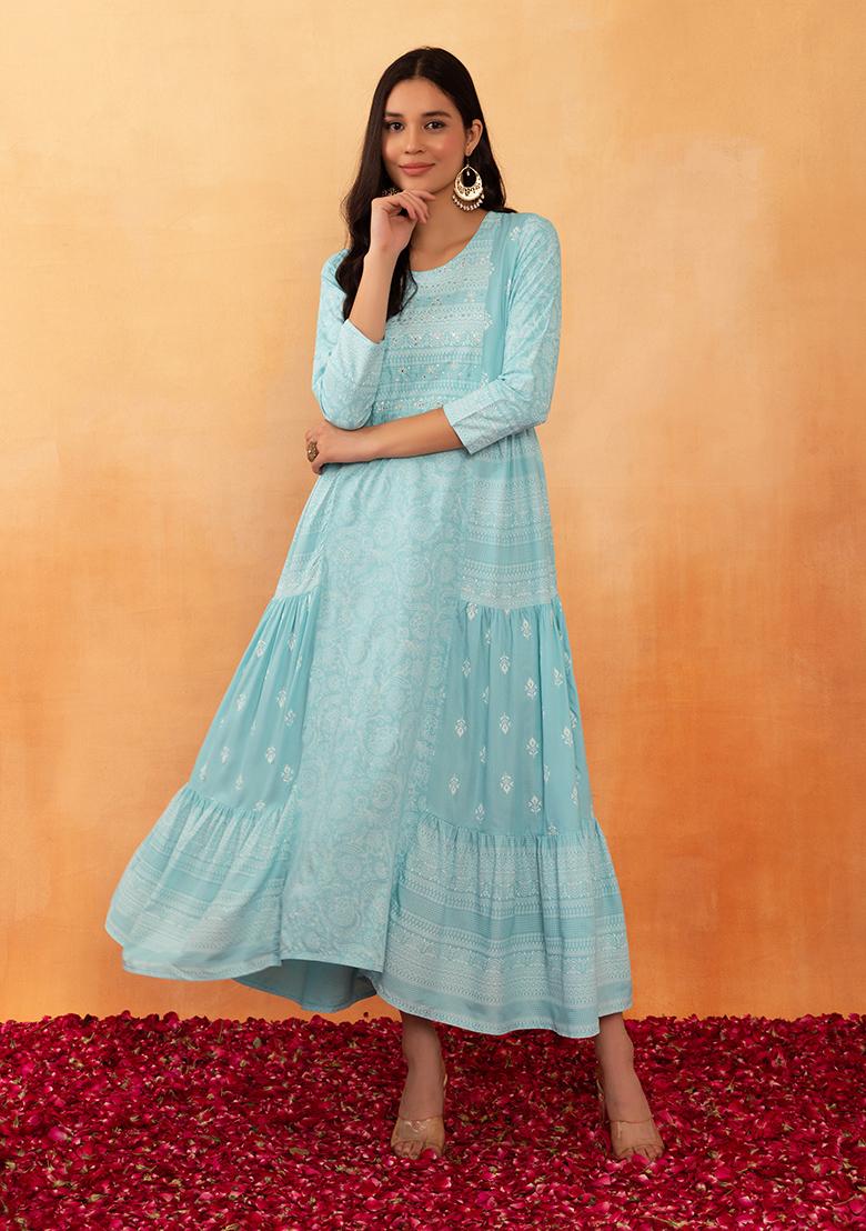 Women Liva Rayon Blue Floral Print Dress