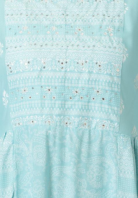 Blue Floral Print Rayon Fabric Flared Long Dress