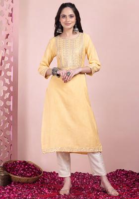 Light Yellow Embroidered Rayon Kurta