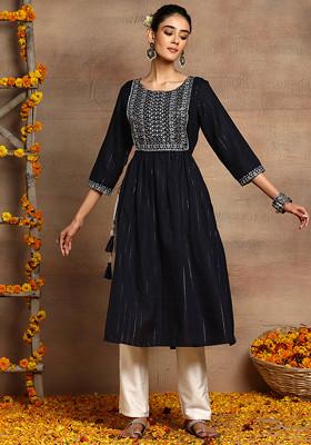 Navy Blue Thread Embroidered Rayon Kurta