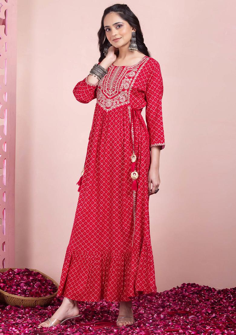 Hot Pink Bandhani Print Rayon Tiered Dress