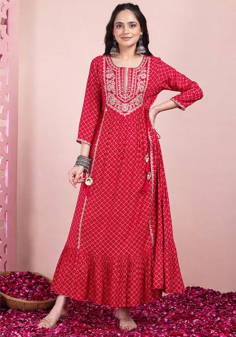 Hot Pink Bandhani Print Rayon Tiered Dress