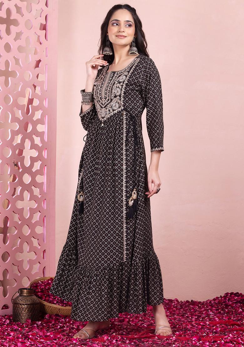 Black Bandhani Print Side Tie Up Rayon Tiered Dress