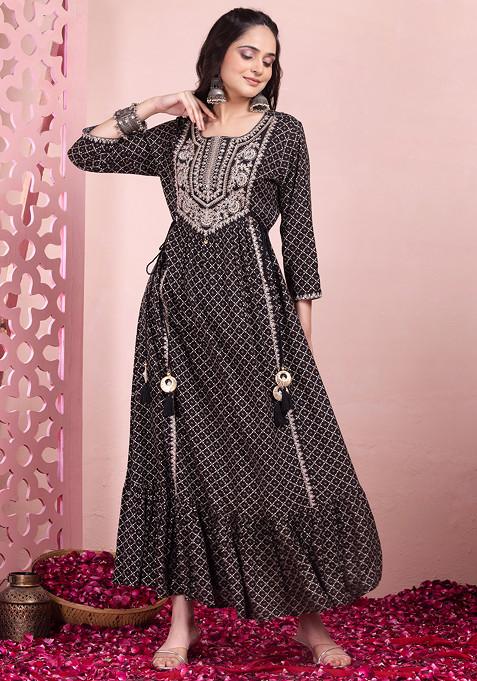 Black Bandhani Print Side Tie Up Rayon Tiered Dress