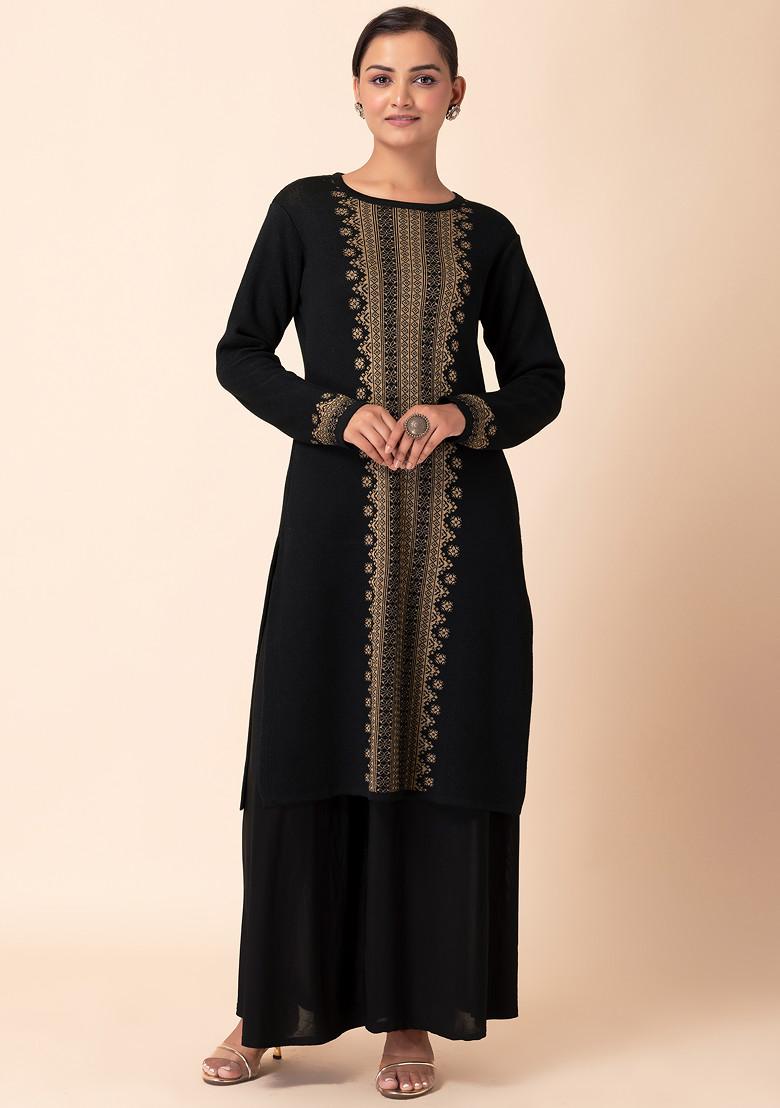 Black And Beige Geometric Panel Woollen Kurta