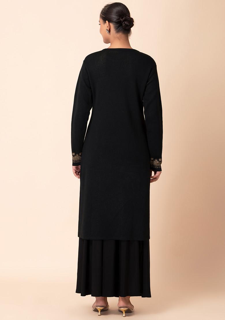 Black And Beige Geometric Panel Woollen Kurta