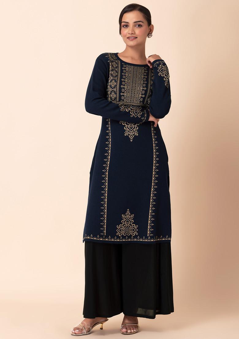 Navy Geometric Yoke Woollen Kurta