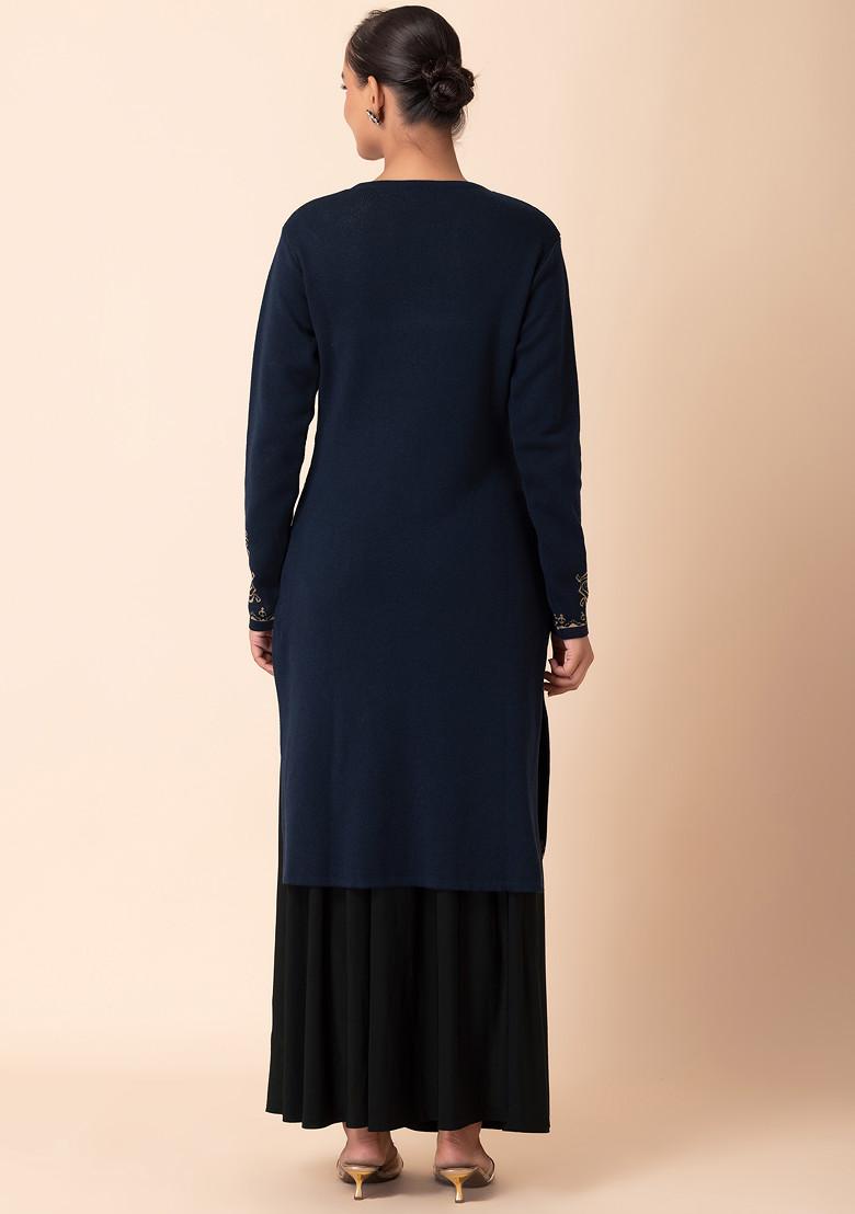 Navy Geometric Yoke Woollen Kurta