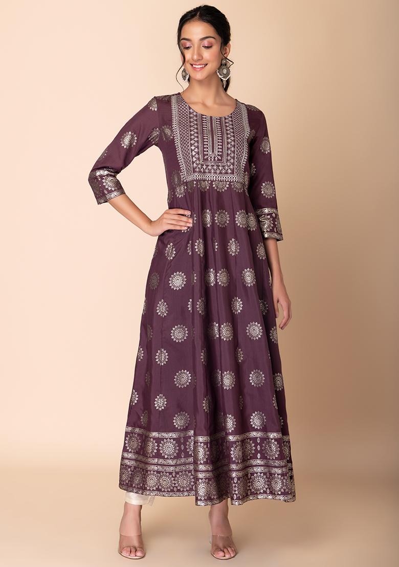 Purple Boota Foil Print Embroidered Dress