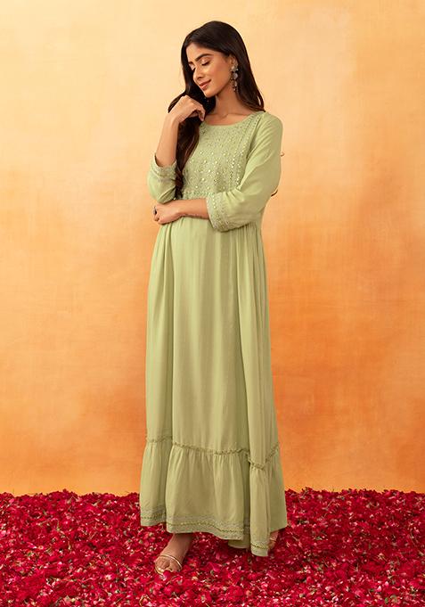 Light Green Embroidered Rayon Tiered Dress