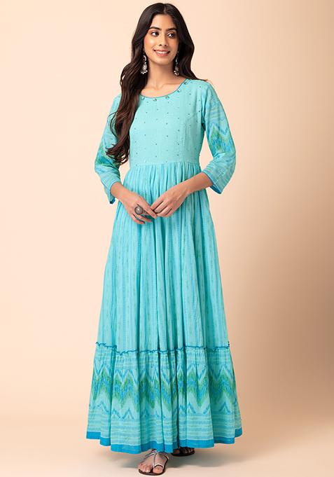 Blue Ikat Inverted box pleat Long Dress main image 1