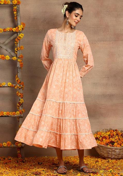 Peach Floral Print Cotton Tiered Maxi Dress