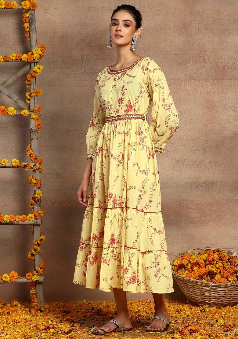 Light Yellow Floral Print Cotton Tiered Dress