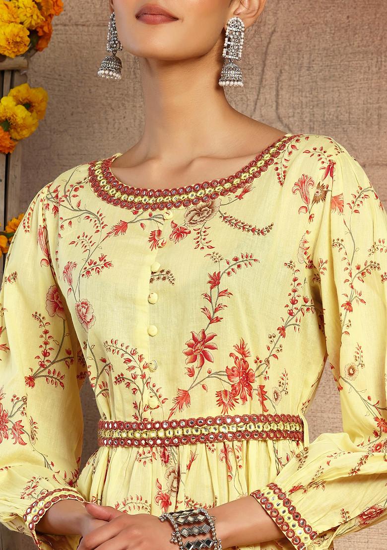 Light Yellow Floral Print Cotton Tiered Dress
