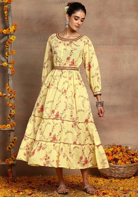 Light Yellow Floral Print Cotton Tiered Dress