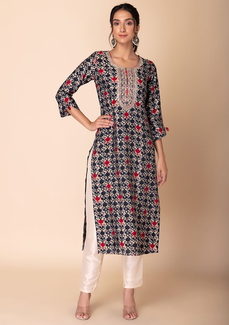 Buy Women Grey Batik Print Embroidered Muslin Kurta - AW'23 Collection ...