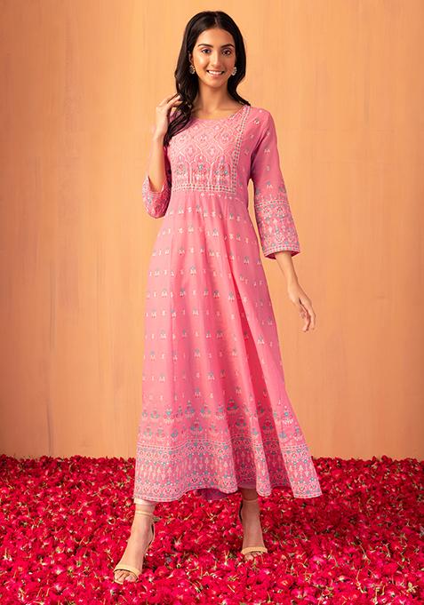 Pink Mughal Print Embroidered Cotton Anarkali Kurta
