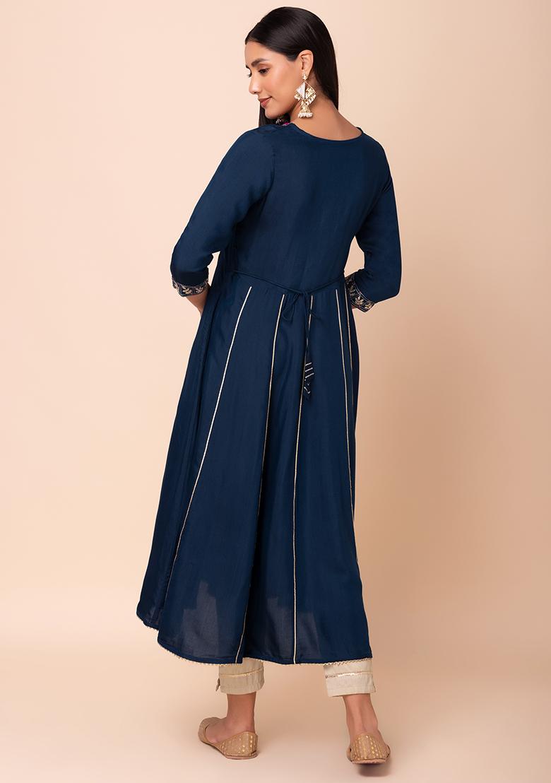 Blue Grid Embroidered Muslin Anarkali Kurta