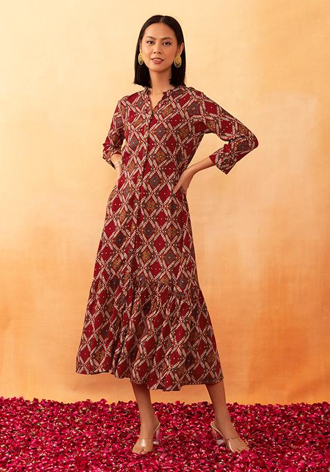 Red Geometric Print Tiered Dress